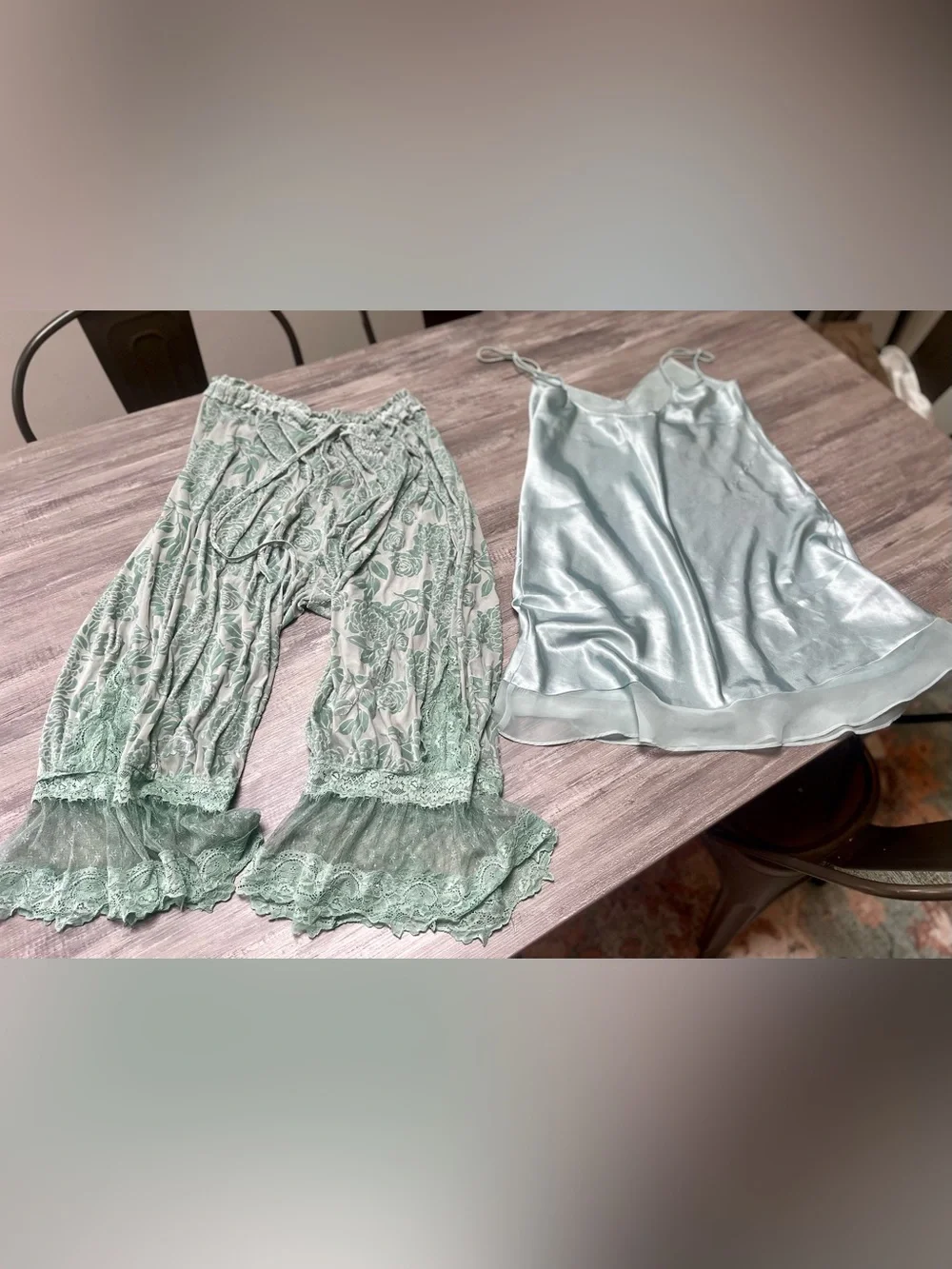 Morgan Taylor Mint Green Satin Camisole w Floral Embroidery Bloomers